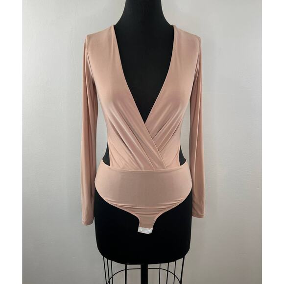 LULUS Celebrating Tonight Beige Faux-Wrap Stretch Cutout Long Sleeve Bodysuit XS - Picture 1 of 10